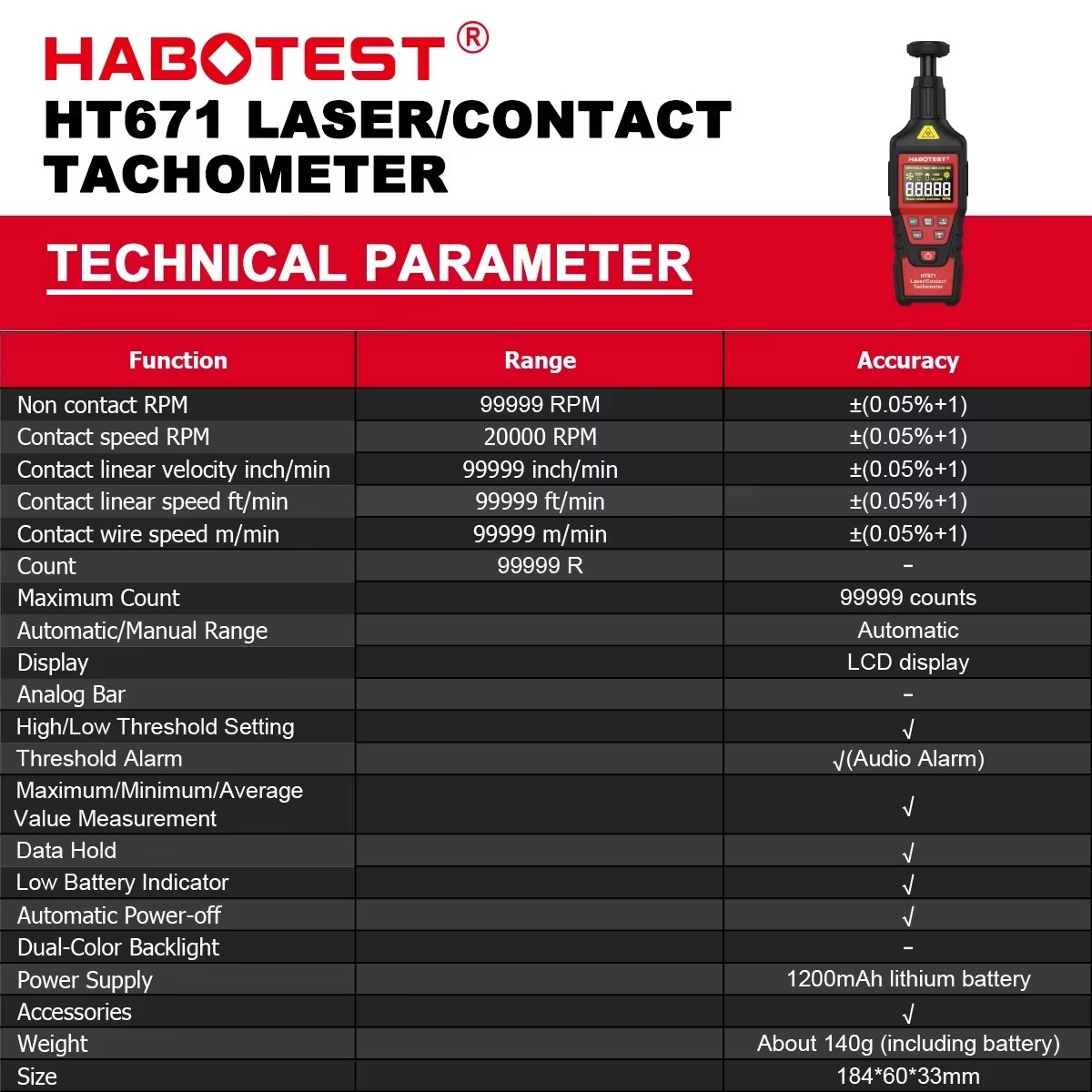HABOTEST HT671 2-in-1 Digital  - Industrial Laser Tachometer review and price